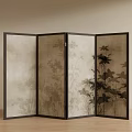 Decorative Four Panel Room Divider with Black Frames and Translucent Floral Plant Pattern Panels 3d model