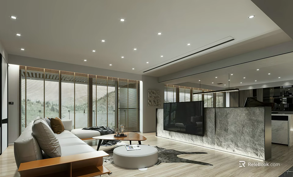 Modern Living Room Interior Design With Large Windows TV Wall And Sofa Rug 3d model 