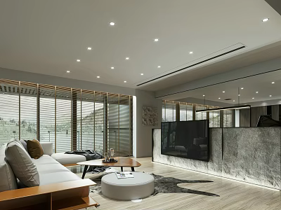 Modern Living Room Interior Design With Large Windows TV Wall And Sofa Rug 3d model