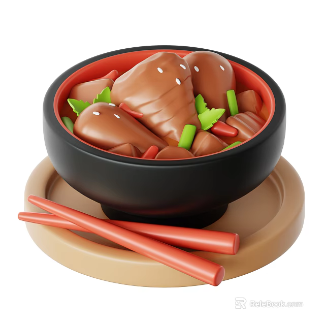 Decorative Ornament Set With Black Bowl Brown Chicken Drumsticks Light Brown Tray And Red Chopsticks 3d model 