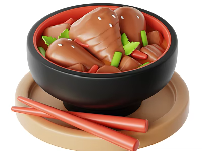 Decorative Ornament Set With Black Bowl Brown Chicken Drumsticks Light Brown Tray And Red Chopsticks 3d model