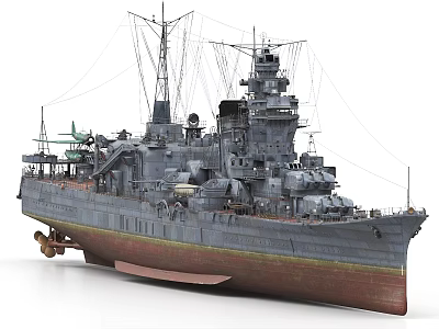 Detailed Vintage Gray Warship Featuring Masts Antennas And Reddish Brown Hull 3d model