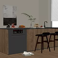 Modern Wooden Bar Counter with Black Bar Stools Dishwasher Fresh Fruits Green Plant and Window
