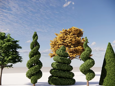 Spiral Shaped Topiary Shrubs With Garden Design And Green Foliage Under Blue Sky 3d model