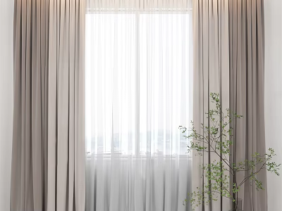 Light Brown Curtains With Sheer Layers And Green Plant By Window 3d model