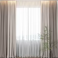 Light Brown Curtains With Sheer Layers And Green Plant By Window