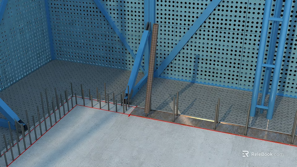Construction Site with Blue Metal Frames Steel Rebars and Floor Construction Red Marking Lines 3d model 