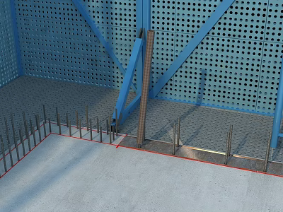 Construction Site with Blue Metal Frames Steel Rebars and Floor Construction Red Marking Lines 3d model