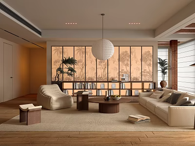 Modern Cozy Neutral Toned Living Room With Beige Sofas Wooden Tables And Elegant Wall Decor 3d model