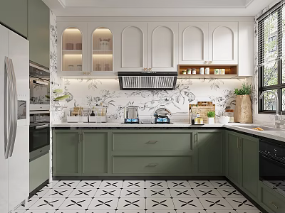 Modern Kitchen Interior With Green Cabinets White Upper Cabinets Patterned Backsplash And Black White Checkered Floor Tiles 3d model