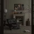 Classic Wooden Fireplace With Decorative Paintings Leather Chair And Table Lamp In Living Room