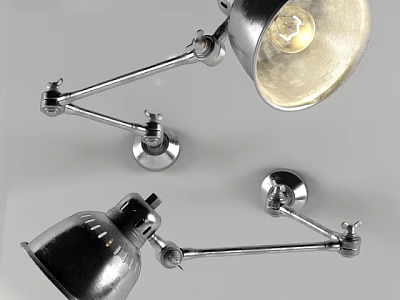Modern Silver Metallic Wall Lamp with Adjustable Arm and Exposed Bulb Design 3d model