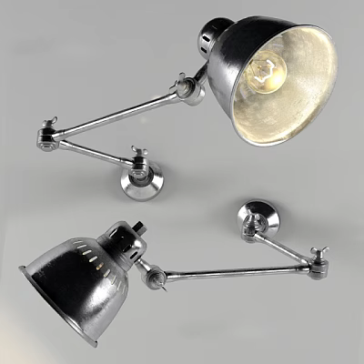 Modern Silver Metallic Wall Lamp with Adjustable Arm and Exposed Bulb Design 3d model