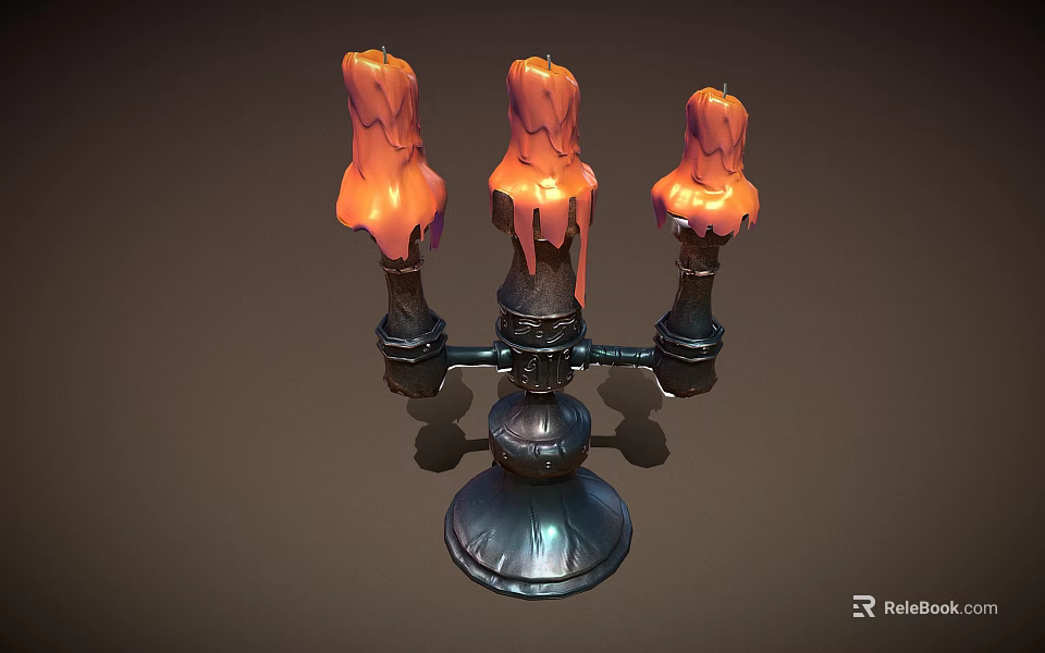 Three Candles On Dark Metal Candle Holder With Melted Wax Dripping 3d model 