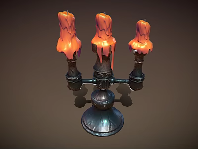 Three Candles On Dark Metal Candle Holder With Melted Wax Dripping 3d model