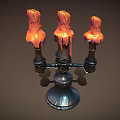 Three Candles On Dark Metal Candle Holder With Melted Wax Dripping