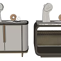 Modern Beige Bedside Tables With Gold Accents Cabinet Doors And Decorative Sculptures