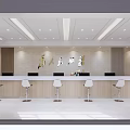 Modern Bright Service Hall Interior Design With Marble Countertop Wooden Walls And Bar Stools