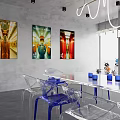 Modern Interior Space Featuring Transparent Chairs Blue Bases White Table Collectible Figures And Pendant Lights