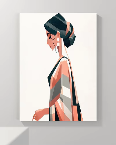 Geometric Female Profile Portrait With Bun Earrings And Striped Attire In Pastel Pink Gray Black 3d model