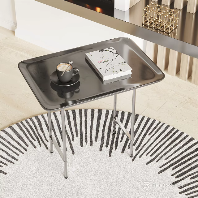 Sleek Black Side Table With Metal Legs Coffee Cup And Magazine On Striped Rug 3d model 