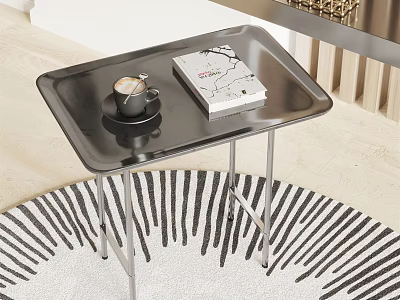 Sleek Black Side Table With Metal Legs Coffee Cup And Magazine On Striped Rug 3d model