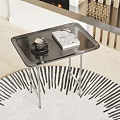 Sleek Black Side Table With Metal Legs Coffee Cup And Magazine On Striped Rug