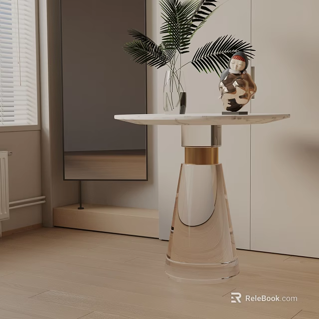 Modern Side Table Featuring White Marble Top Gold Metal Base With Green Plants And Decorations 3d model 