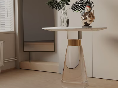 Modern Side Table Featuring White Marble Top Gold Metal Base With Green Plants And Decorations 3d model