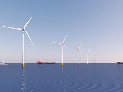 Wind Turbine Towers Standing In Offshore Area With Blue Sea And Cargo Ships 3d model