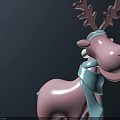 Cute Pink Reindeer Doll with Antlers and Light Blue Scarf Standing on Dark Surface