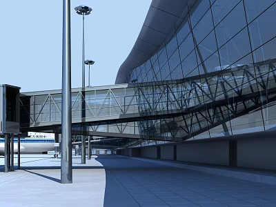 Modern Airport Terminal With Glass Facade Passenger Bridge And Airplane View 3d model