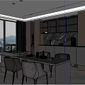 Modern Restaurant Open Kitchen Interior With Large Windows Dining Table And Cabinets