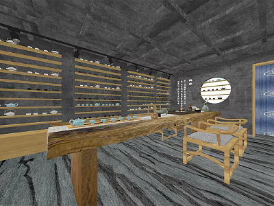 Traditional Style Tea Specialty Store With Wooden Shelves Counter And Round Window 3d model