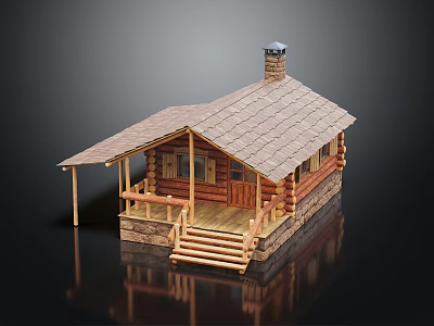 Traditional Log Cabin With Shingle Roof Chimney Porch Railing And Wooden Steps 3d model