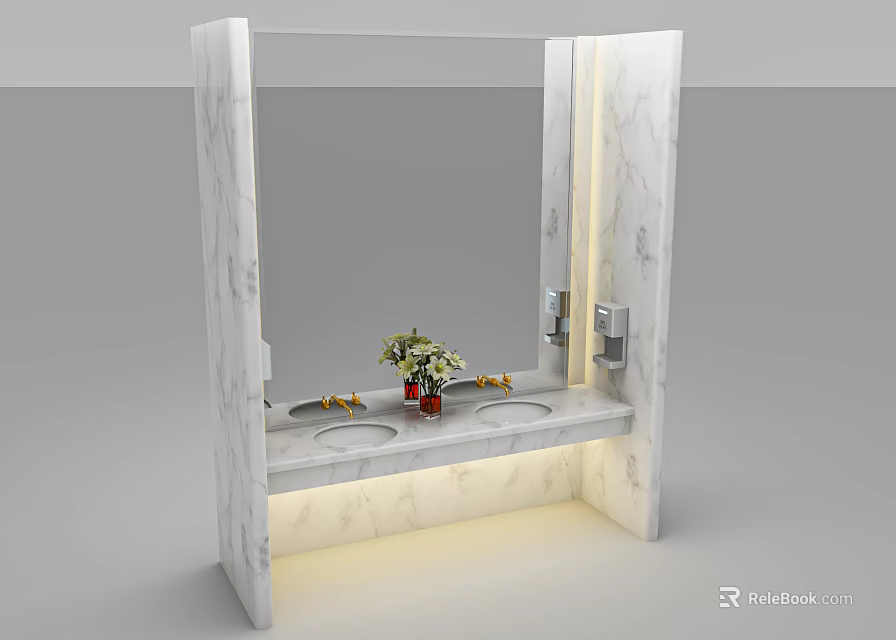 Modern Marble Washbasin With Double Sinks Mirror LED Lighting And Decorative Flowers 3d model 