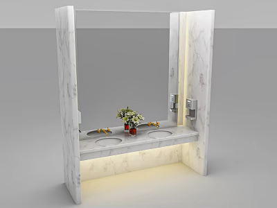 Modern Marble Washbasin With Double Sinks Mirror LED Lighting And Decorative Flowers 3d model