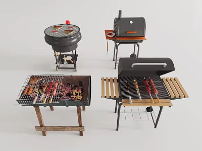 Outdoor Barbecue Grills With Different Types And Grilled Skewers On Stands 3d model