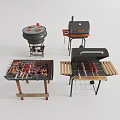 Outdoor Barbecue Grills With Different Types And Grilled Skewers On Stands