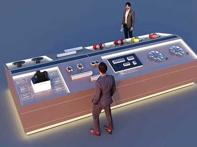 Interactive Control Panel Display With Technical Equipment And Two Men In Suits 3d model