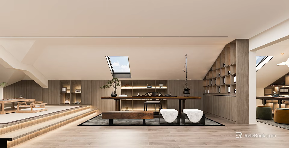 Modern Interior Space Featuring Skylight Wooden Shelves Long Table And Seats 3d model 