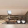 Modern Interior Space Featuring Skylight Wooden Shelves Long Table And Seats
