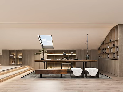 Modern Interior Space Featuring Skylight Wooden Shelves Long Table And Seats 3d model