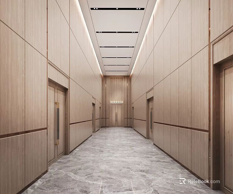 Modern Corridor Interior Design With Wooden Walls And Marble Floor 3d model 