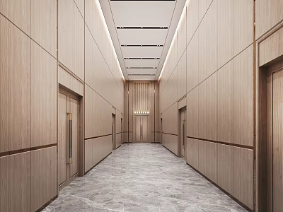 Modern Corridor Interior Design With Wooden Walls And Marble Floor 3d model