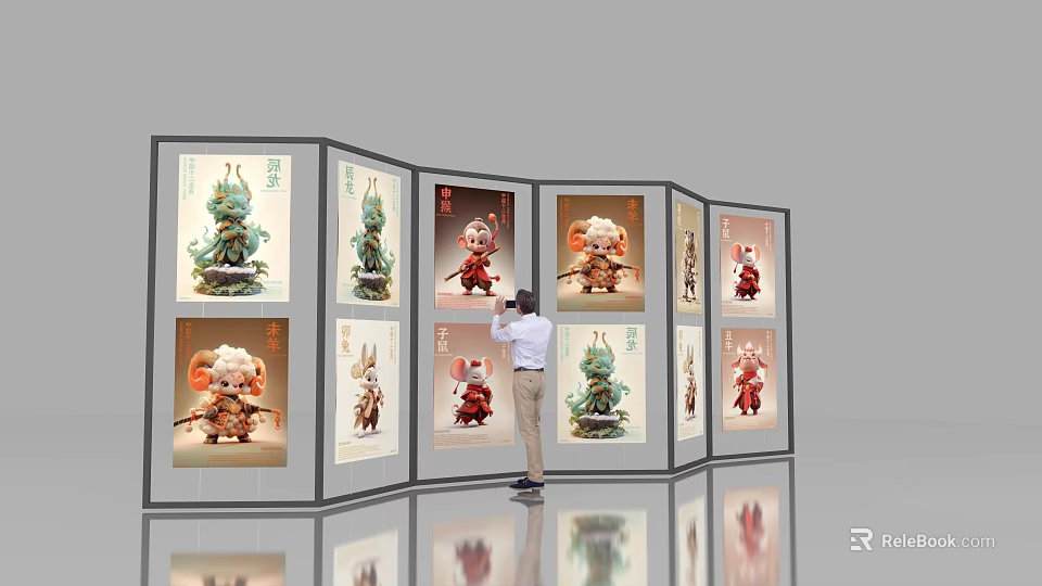 Artistic Photo Check-in Spot Featuring Colorful Traditional Figurines On Display Boards 3d model 