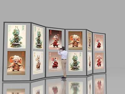 Artistic Photo Check-in Spot Featuring Colorful Traditional Figurines On Display Boards 3d model