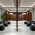 Traditional Chinese Health Preservation Center Interior With Massage Chairs And Calligraphy Paintings