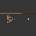 Billiard Accessories With Wooden Cue Colored Balls In Triangle Rack And White Cue Ball