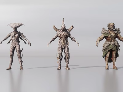 Three Man Shaped Alien Figures With Armored Bodies And Horned Heads 3d model